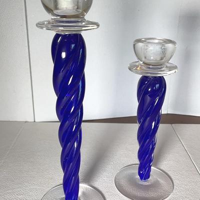 Ann Wåhlström Kosta Boda Swirl Glass Candlesticks - Cobalt Blue