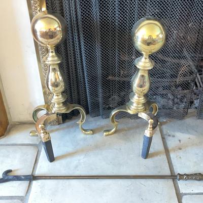 Antique Brass Cannonball Fireplace Andirons and Fireplace Poker