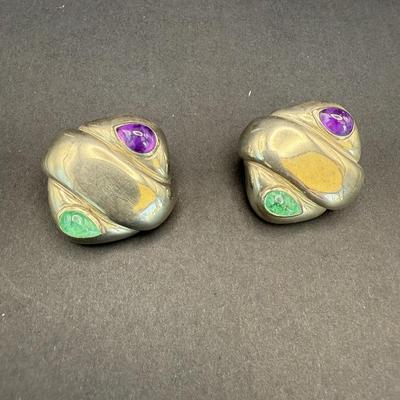Retro Sterling  Earrings With Green and Purple Basil Set Stones, Sculptural Silver