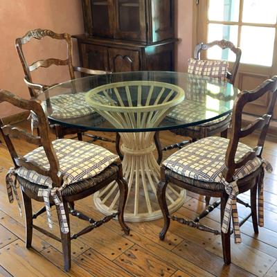 Antique Rush Chairs and Italian-style Modern Metal Pedestal With Tempered Glass-Top Table