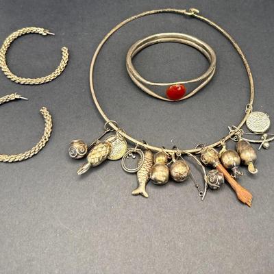 Silver Tone Charm Necklace With Bracelet and Earrings 