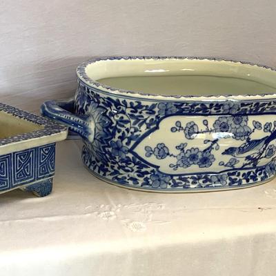 Asian Vintage Blue White Ceramic Plant Pots, 3 Pcs