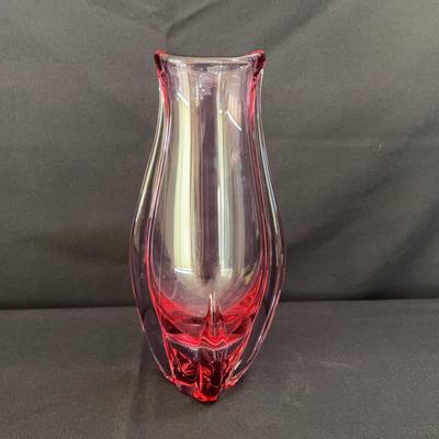 Murano-Style Ruby Red & Clear Art Glass Vase – Heavy & Handcrafted