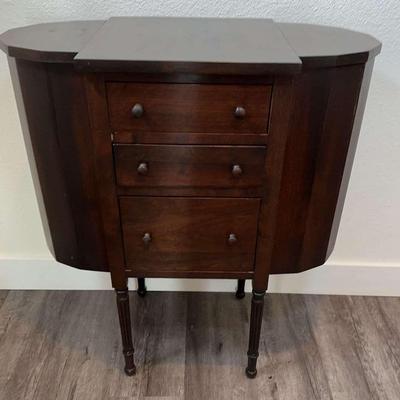 Mahogany Drop-Leaf Sewing Cabinet with Lift-Up Side Panels & Storage Drawers