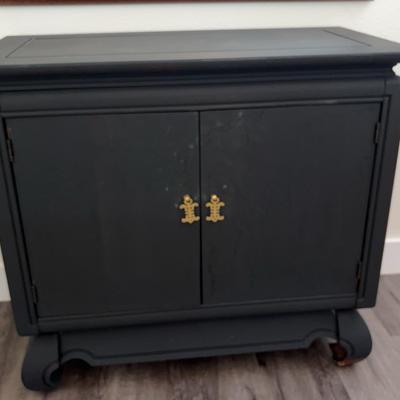 Asian-Style Cabinet | Brass Hardware, Carved Panels & Scroll Feet| Has Been Painted Black 