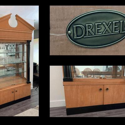 Drexel Lighted Display Cabinet with Glass Shelves & Mirrored Back | Pediment Top | Contents Not Incl