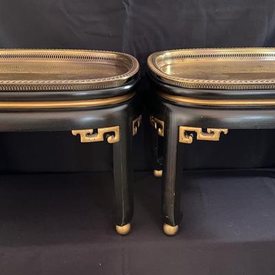 Pair of Asian-Style Black & Gold Side Tables | Removable Brass Etched Trays & Greek Key Accents
