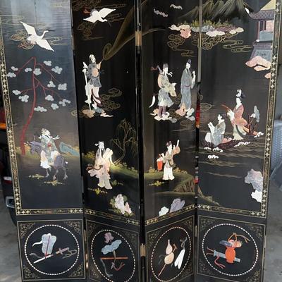 Asian Black Lacquer 4-Panel Screen | Mother-of-Pearl Inlay Figures & Nature Scene