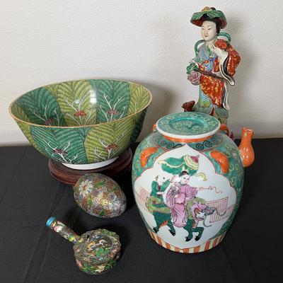 Chinese Decorative Lot – Porcelain Figurine, Teapot, Cloisonné & Leaf Motif Bowl