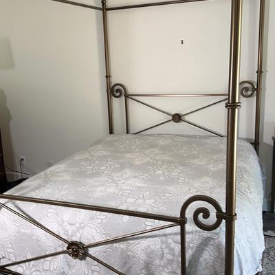 Metal Four-Poster Queen Bed Frame | Bronze Finish with Scroll Accents