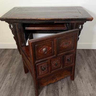 Antique Asian-Style Hand-Carved Wooden Cabinet w/ Pull-Out Chair | Floral Accents & Drawers