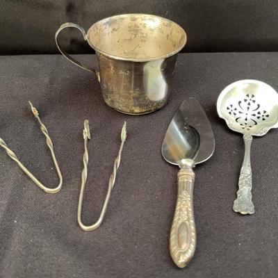 Sterling Silver Serving Pieces Lot | Cup, Server, Tongs & Ladle | Total Weight 4.59oz