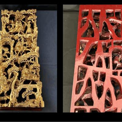 Gilded Asian Carved Wood Panel | Battle Scene with Warriors on Horseback