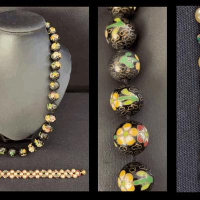 Cloisonné Bead Necklace & Pearl Bead Bracelet with Cloisonné Accents