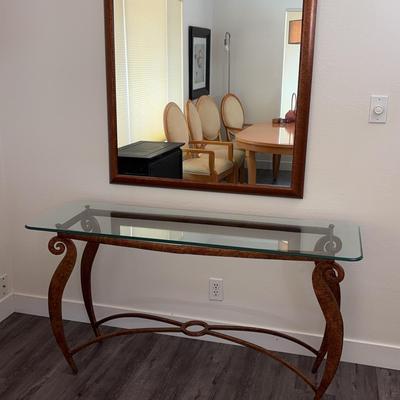 Glass Top Console Table with Curved Metal Base & Matching Framed Wall Mirror