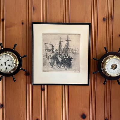 Vintage German Schatz Royal Mariner Ship Wheel Clock & Barometer & Vintage Harbor Lithograph 