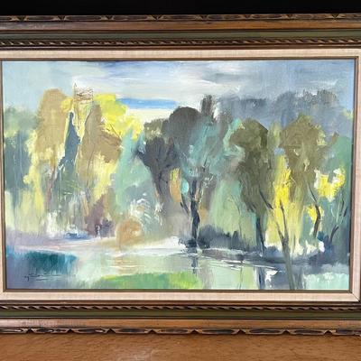 Vintage MCM Green Landscape Signed Painting 