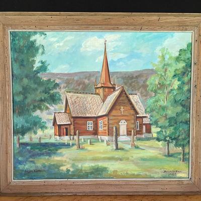 Vintage 50s Norwegian Stave Church Painting Signed 