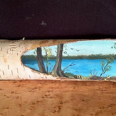 Vintage 70s Nature Lake Scene On Birch Tree Canvas 
