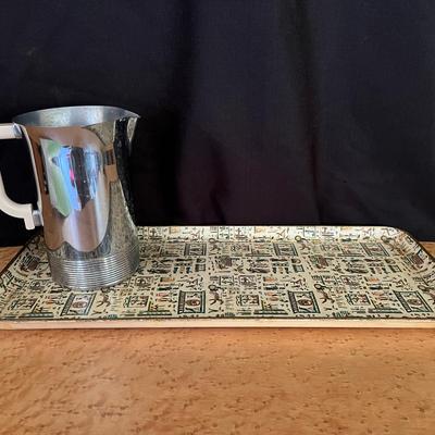 Vintage Chrome Pitcher & Alfred E. Knobler Egyptian Revival Paper Mache tray