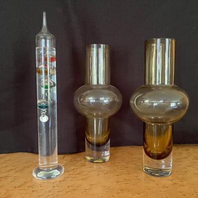 Vintage MCM Scandinavian Hooped Bubble Amber Art Glass Pair & Galileo Thermometer 