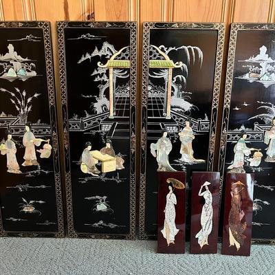 Vintage Asian Black Lacquer & Mother Of Pearl Wall Panels