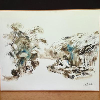 Vintage Mid Century Vietnamese Rural Painting by Vietnamese Artist Signed "Là cẩm tìm”