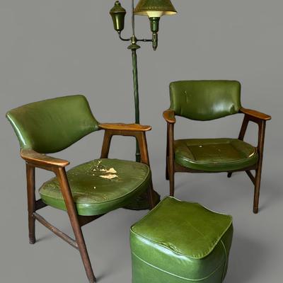 Vintage MCM Danish Style Avocado Green Armchair & Ottoman Set W/ Metal Tole Floor Lamp