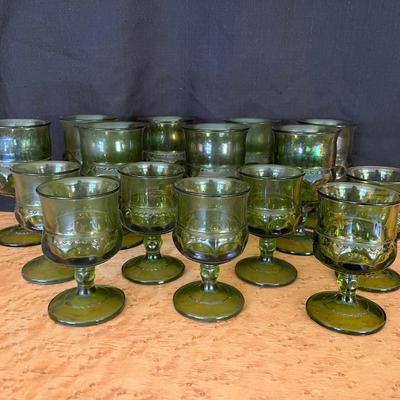 Vintage Mid Century Olive Green Indiana Glass Kings Crown Thumbprint Goblets