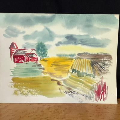 Barn & Farm Field Scene Watercolor 