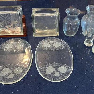 KAS030- Vintage Glassware Vases and Etched Glass Platters