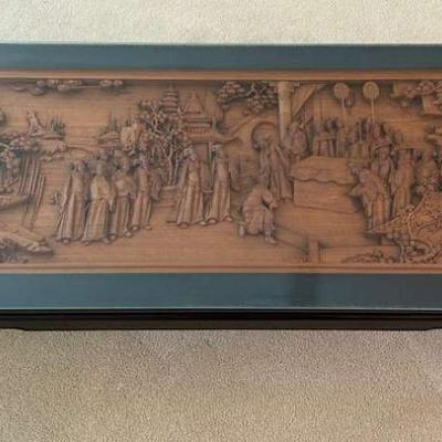 KAS016- Glass Top Wood Table w/ Hand Carved Asian Design