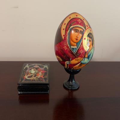 Russian Orthodox Icon Egg With Stand And Russian Lacquer Box