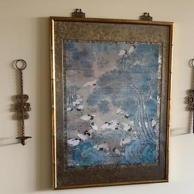 Framed Japanese Cranes Painting With Two Metal Wall Candle Holders