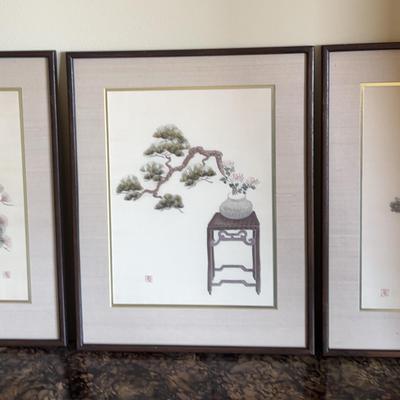 Trio Of Asian Embroidered Bonsai Pictures 