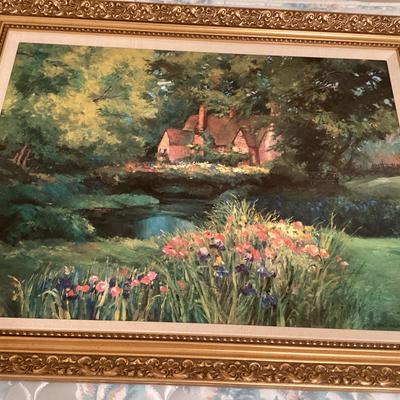 Bucolic Cottage Oil Painting In Gold Wood Frame