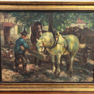 Antique Framed & Signed Painting of Horses - Oil on Canvas