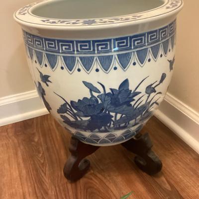 Blue And White Ceramic Planter With Stand