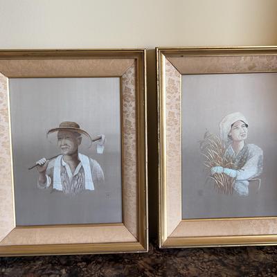 Japanese Silk Embroidered Portraits Of A Farm Couple