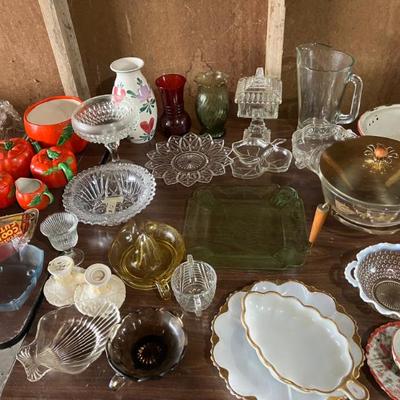 Assorted vintage crystal, glass, and ceramic dishes