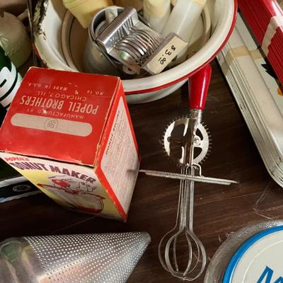 Antique wash bowl and vintage kitchen tools