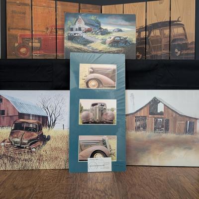 Lot of 6 Vintage/Retro Wall Art Prints – Classic Cars, Barns, Hot Rods, Farm Trucks, Rustic Décor