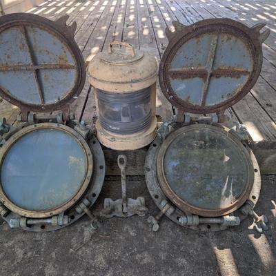Antique Brass Ship Portholes, Nautical Lantern, and Vintage Stockless Anchor Shank