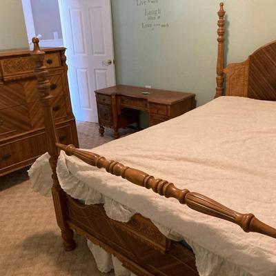 Vintage Bedroom Suite – Four-Poster Full Bed, Tall Chest, and Vanity