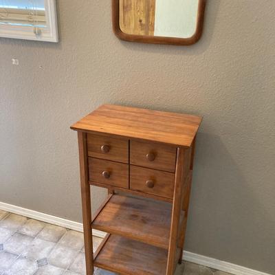 Small Wooden Side Table with Drawers & Matching Wall Mirror - Vintage