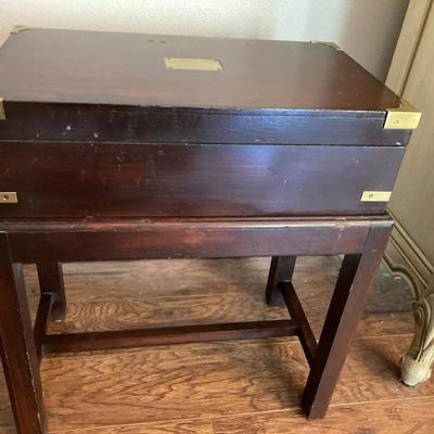 Vintage Mahogany Finish Brass Like-Bound Storage Box on Stand