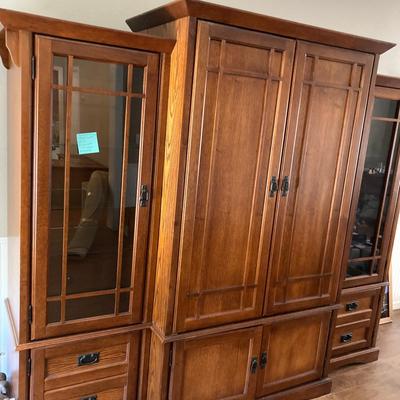 Mission-Style Oak Entertainment Center / Wall Unit Three Piece