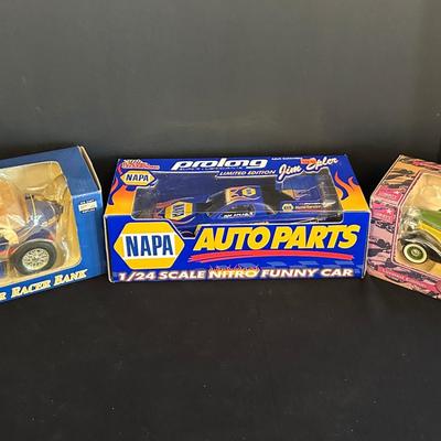 Vintage NAPA Nitro Funny Car & Die-Cast Collector Car Bank Set