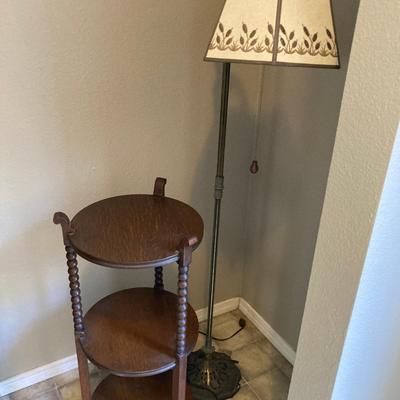 Antique Three-Tier Oak Stand with Barley Twist Supports & Vintage Floor Lamp