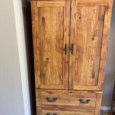 Rustic Pine Armoire with Double Doors and Two Drawers